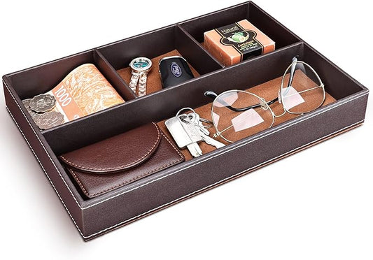 GORESE Faux Leather Valet Tray for Men, Stackable Jewelry Organizer for Drawers Inserts, Nightstand Caddy Tray for Key, Wallet, Sunglass, Watch, Coin, Phone, Bedside Desktop Storage Brown-NeatNest