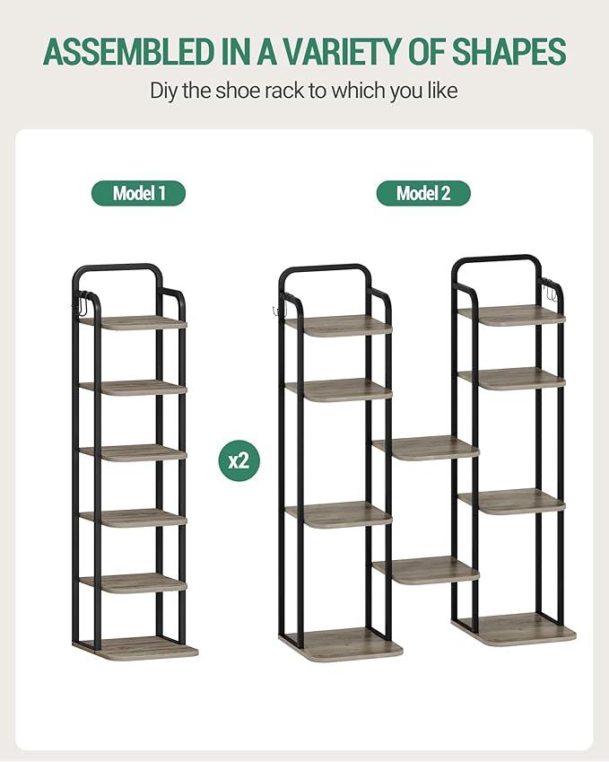 6 Tiers Vertical Shoe Rack, Narrow Shoe Tower, Tall Shoes Shelf with 2 Hooks, Adjustable Shelves, Corner Shoes Shelves for Small Spaces, Entryway, Living Room, Greige, SR04205B-NeatNest