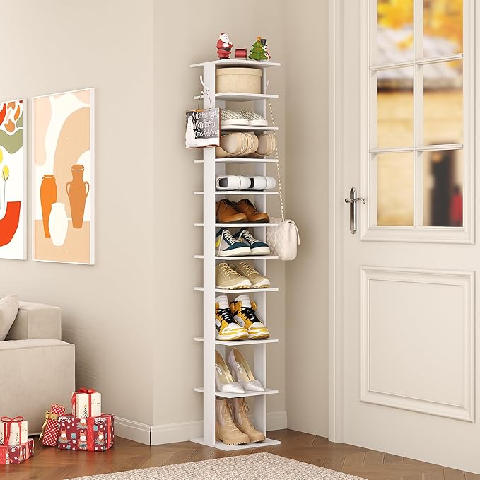 HOMEFORT 10-Tier Vertical Shoe Rack, Corner Shoe Tower, Slim Shoe Organizer with Two Hanging Hooks, Wooden Shoe Storage Stand for Entryway, Hallway, Closet (White)-NeatNest
