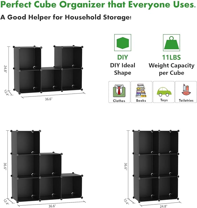 C&AHOME 6-Cube Storage Organizer, Stackable Storage Cubes Shelves, Portable Bookshelf, Plastic Clothing Storage Closet Organizer, DIY Modular Shelving Units for Wardrobe, Home, Black-NeatNest