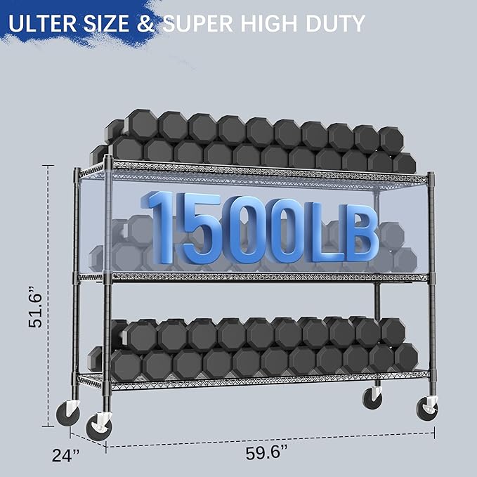 GIOTORENT 3-Tier Heavy Duty Storage Shelves with Wheels, 59.6" W x 24" D x 51.6" H, 1500LB Capacity Mobile Metal Shelving Unit, 1IN Adjustable Height for Garage & Warehouse, Black