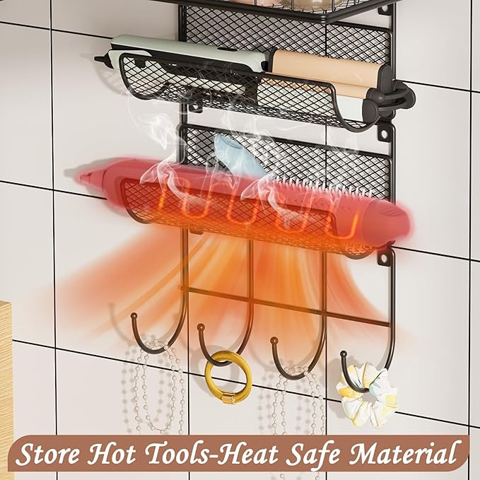 4 tiers Hair Dryer Holder Styling Tool Organizer Wall-Mounted Storage Wire Basket with Hook Heat Safe Rack for Hair-Straighteners,Curling Wands,Flat Iron,Perfume,Cabinet Door Bathroom