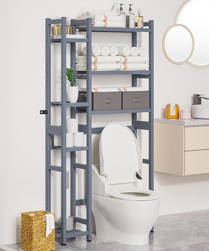 Homde Over The Toilet Storage with Basket and Drawer, Bamboo Bathroom Organizer with Adjustable Shelf & Waterproof Feet Pad, Space Saver Rack for Restroom, Laundry,Grey-NeatNest