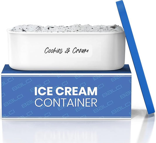 BALCI - Ice Cream Container - 2 Quart - Perfect Reusable Freezer Storage for Homemade Ice Cream Tubs for Sorbet, Frozen Yogurt and Gelato! - Flexible Silicone Lids, Long Scoop, Stackable - Blue