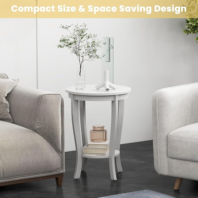 GOFLAME 2-Tier Round End Table, 18” Sofa Side Table with Storage Shelf, Floor Tea Table with Solid Wood Legs, Compact Nightstand for Small Space, Living Room, Bedroom, White
