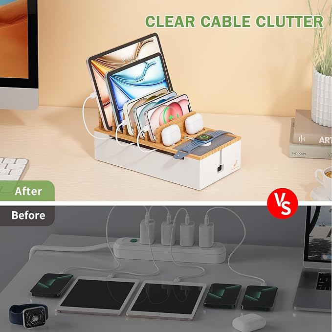 Pezin & Hulin Bamboo Cable Management Box, Wire Organizers for Cords, Charge Station Box, Desktop Dock Organizer Rack for Electronic Device (Include 6 Cables)(No Power Adapter) -Natural + White