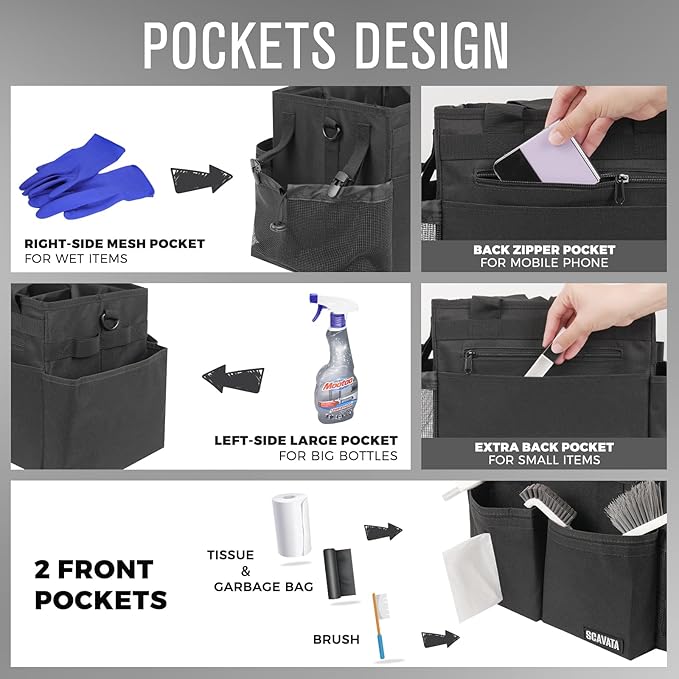 Compact Wearable Cleaning Caddy, Small Supplies Organizer with Handle & Shoulder Straps for Housekeepers, Under Sink & Car Cleaning Tool Organizer Bag (Black)-NeatNest