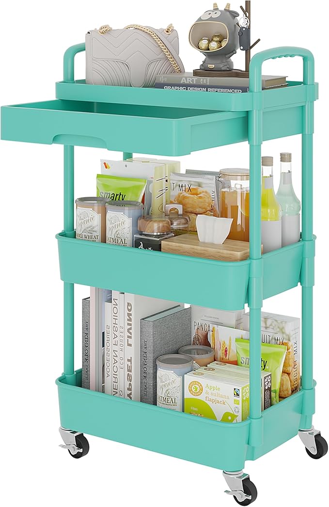 Calmootey 3-Tier Rolling Utility Cart with Drawer,Multifunctional Storage Organizer with Plastic Shelf & Metal Wheel,Storage Cart for Kitchen,Bathroom,Living Room,Office,Green-NeatNest