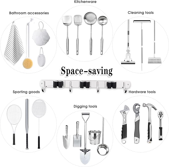 3 Racks and 4 Hooks Broom and Mop Holder Wall Mounted Garage Organizer Storage Tool Racks Stainless Steel Heavy Duty Hooks Self Adhesive Solid Non-slip Wall Hangers for Home Kitchen Garden Laundry-NeatNest