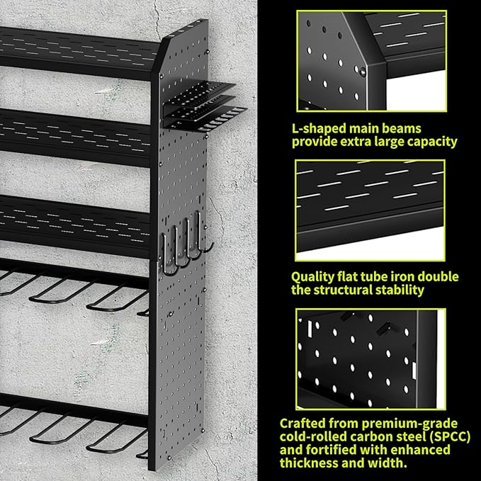 KAFAHOM Power Tool Organizer,Large 8 Drill Holder Wall Mount with 2 Side Pegboards,5 Layer Metal Tool Storage Rack with 12 Hooks,Tool Shelf for Garage Organization,Utility Battery Shelves - Black