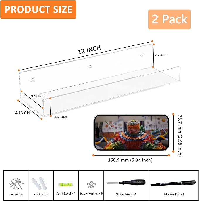 12'' Clear Acrylic Wall Shelf 2 Pack, Tranparent Perspex Floating Shelves, Acrylic Shelf for Bedroom, Living Room, Dining Room, Kitchen, Bathroom, Dining Room-NeatNest