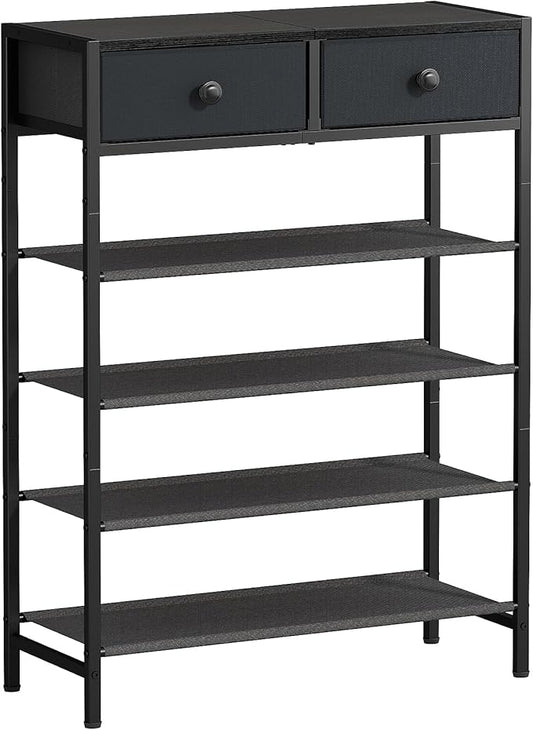 Shoe Rack, 5 Tier Shoe Organizer with 2 Drawers, Metal Shoe Storage for 16-20 Pairs of Shoes with Fabric Shelves and Wooden Top, Narrow Shoe Shelf for Closet Entryway Black Grey-NeatNest