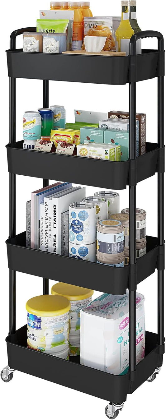 Laiensia 4-Tier Rolling Cart with Wheels,Multifunction Utility Storage carts, Kitchen Storage Organizer,Mobile Shelving Unit for Bathroom,Laundry,with Classified Stickers,Black-NeatNest