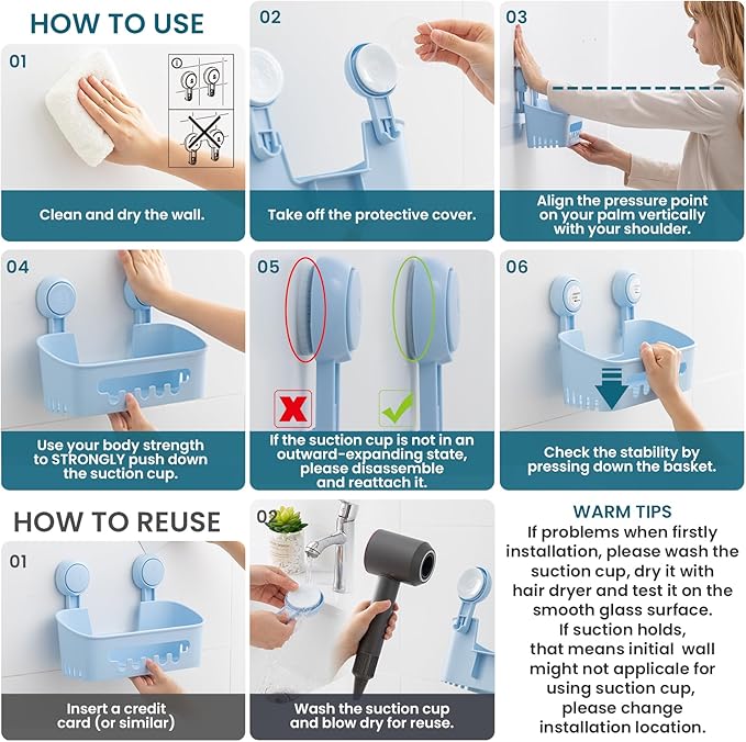 TAILI Shower Caddy Suction Cup, Heavy Duty Bathroom Organizer, Removable Shelves for Inside Shower, Shampoo, Waterproof Suction Plastic Storage for Bathroom Accessories Holder, Blue