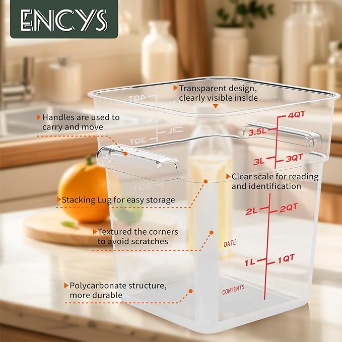 4 Quart Set of 4 Food Storage Containers,Commercial Clear Square Food Storage Containers with Lids and Handles(BPA FREE)