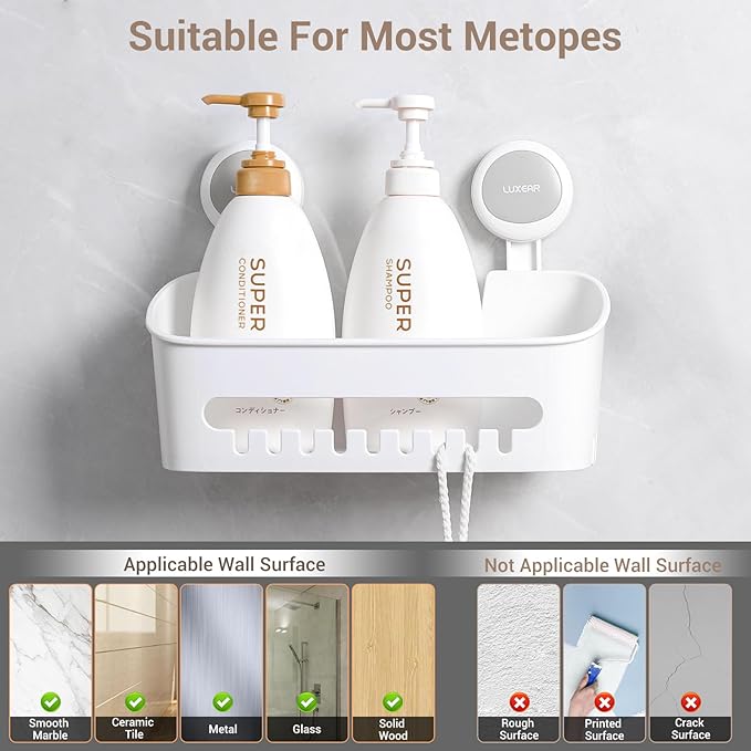 LUXEAR 3 Packs Shower Caddy Suction Cup Set - Shower Shelf+Soap Dish+Toothbrush Holder - 1 Second Installation NO-Drilling Removable Powerful Waterproof Shower Organizer for inside Shower Bathroom