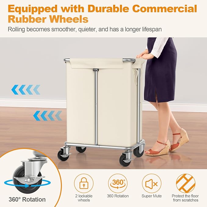 Laundry Basket with Wheels, Rolling Laundry Hamper 170L Large Dirty Clothes Hamper Cart with Metal Frame and Removable Bag, Hampers for Bedroom, Bathroom, and Laundry Room Organization, Beige