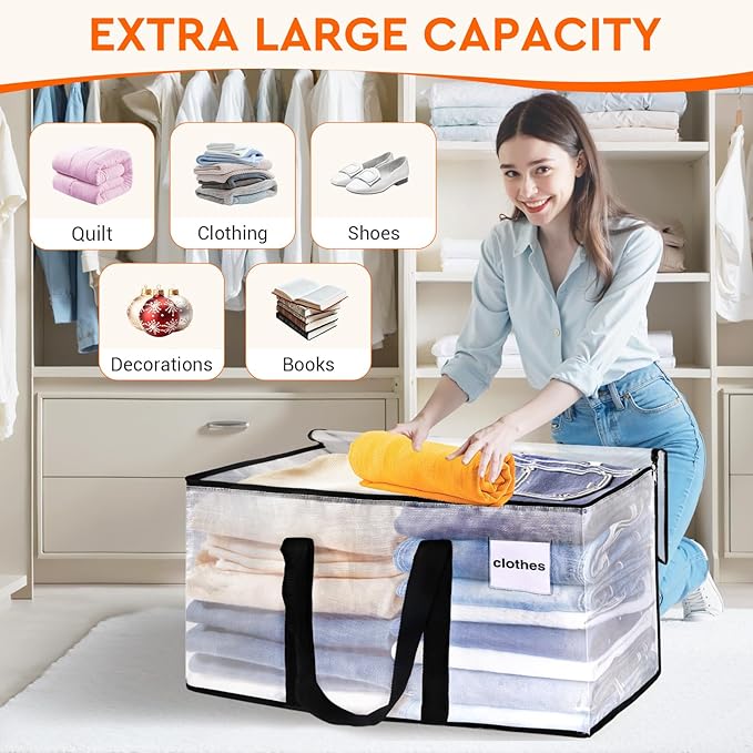 HomeHacks Clear Moving Bags Heavy Duty 8 Pack, Storage Bags with Zipper, Extra Thick Handles & Waterproof Packing Boxes for Moving, Camping, Home Organization 93L/24Gal (28.7"x14.2"x14")-NeatNest