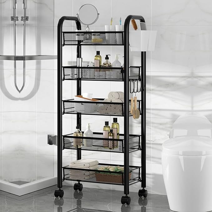 5 Tier Rolling Storage Cart Metal Utility Cart Stackable and Removable Kitchen Metal Mesh Storage Shelves with Wheels Heighten Guardrail for Kitchen, Dorm, Bedroom, Bathroom Black 5-Layers