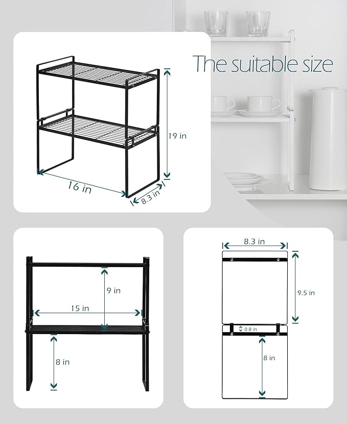 2Pack Cabinet Shelf Organizer Storage Rack Space Saving for Kitchen Counter Pantry Bathroom Cupboard Under Sink Office Table Steel Stackable Rust Resistant Heavy Duty Nonslip 16” Black - Tall-NeatNest