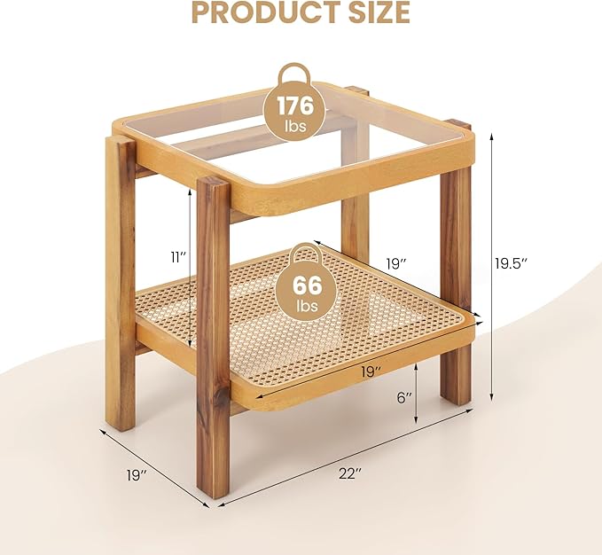 GOFLAME Rattan End Table, Boho Nightstand with Tempered Glass Top, Rattan Storage Shelf, Solid Wood Legs, Sofa Side Accent Table, 2 Tier Glass Side Table for Living Room, Bedroom, Natural