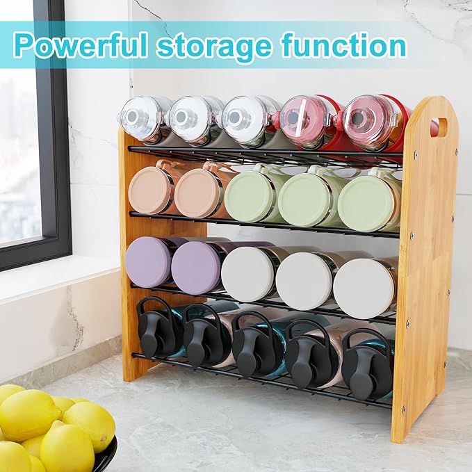 4 Tier Water Bottle Organizer, Stackable Bamboo Water Bottle Holder, Water Bottle Storage Rack Tumbler Travel Mug Cup Organizer for Kitchen Cabinet Countertop Pantry (Black)-NeatNest