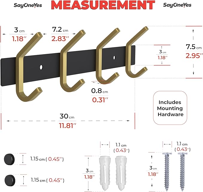Coat Rack Wall Mount – Black and Gold Hook Rail with 4 Double Coat Hooks, 12 Inch Stainless Steel Wall Hooks for Entryway, Bathroom, Bedroom, Closet, Towel, Hat, Bag, Heavy Duty Organizer-NeatNest