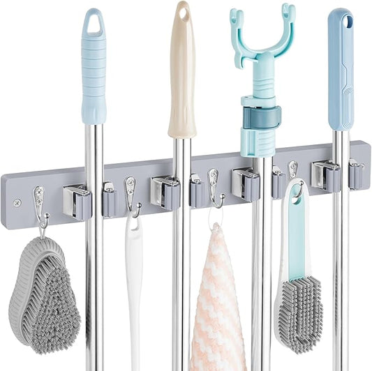 Gray Mop Broom Holder Wall Mount with 4 Slots & 4 Hooks - Wood Broom Mop Hanger for Pantry Closet Laundry Room Organization - Heavy Duty Garden Tool Organizer-NeatNest