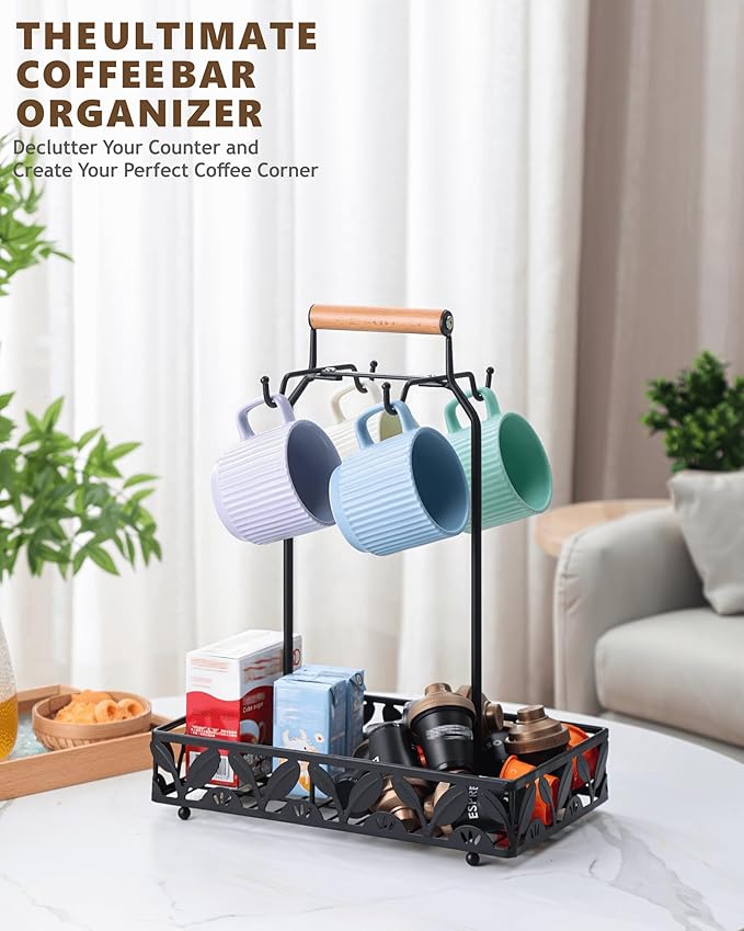 Coffee Mug Holder for Countertop, Mug Tree & Mug Rack with Storage Basket, 2-in-1 Organizer Holds 4 Large Mugs, Kitchen Cup Holder for Coffee Bar Accessories, Pods & Tea Bags, Black Metal with Handle-NeatNest