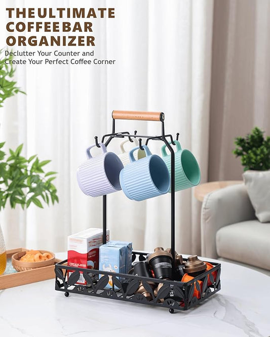 Coffee Mug Holder for Countertop, Mug Tree & Mug Rack with Storage Basket, 2-in-1 Organizer Holds 4 Large Mugs, Kitchen Cup Holder for Coffee Bar Accessories, Pods & Tea Bags, Black Metal with Handle-NeatNest