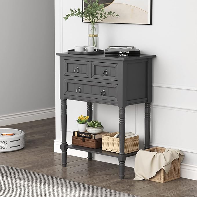 Giantex Console Table with 3 Drawers, 24" Rustic Entryway Table with Storage, Open Bottom Shelf, Compact Hallway Table, Small Sofa Side Table for Living Room, Bedroom, Narrow Entry Table, Gray-NeatNest