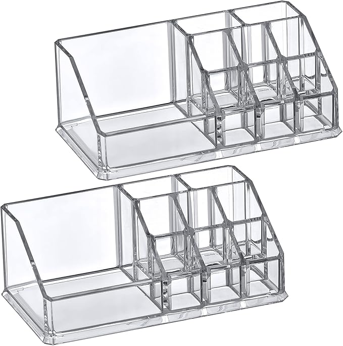 Amazing Abby - Tiffany - 2-Pack Acrylic Cosmetic Organizer, Transparent Plastic Makeup Holder, Compartmented, Shatter-Proof, Perfect Bathroom Vanity Storage Solution for Beauty Supply, Small-NeatNest