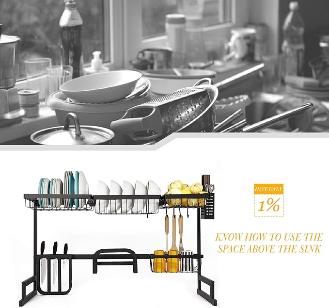 Dish Drying Rack Over The Sink, 2-Tier Dish Drainer Stainless Steel with Cutting Board and Sponge Holder, Space Saving Dish Drainer Rack for Kitchen Counter Organization and Storage, Black