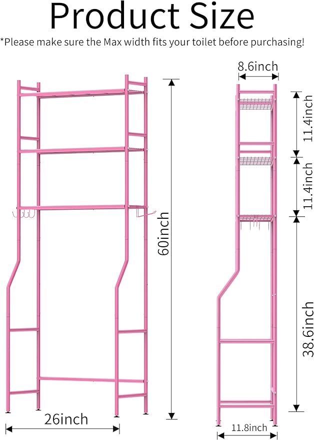 3-Tier Over The Toilet Storage, Space Saver Metal Bathroom Shelves, Freestanding Above Over Toilet Storage Shelf with 4 Hooks for Bathroom, Pink-NeatNest