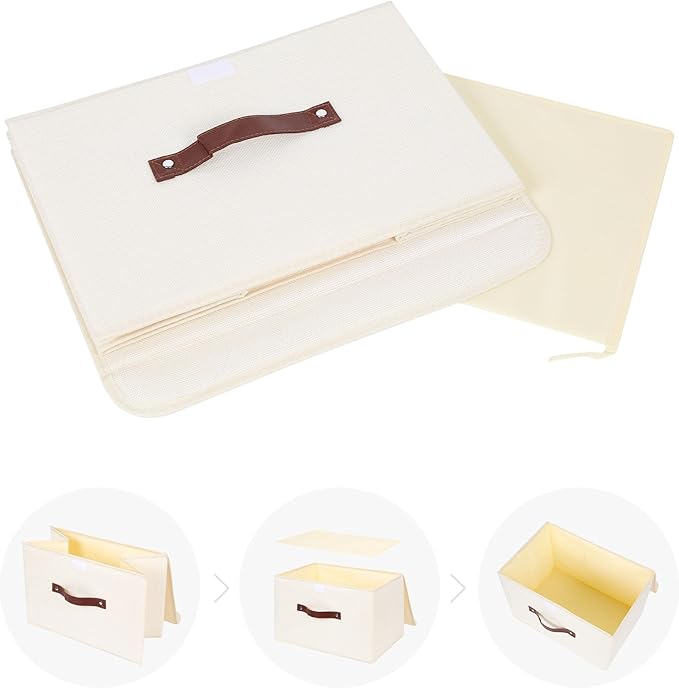 ANMINY 4PCS Storage Bins with Lid PU Leather Handles Storage Boxes PP Plastic Board Decorative Foldable Lidded Cotton Linen Fabric Home Cubes Baskets Closet Organizer Containers - Beige, Large Size-NeatNest