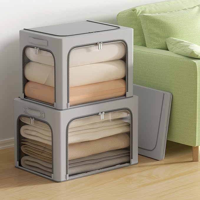 3Pack Clothes Storage Bins - Oxford Frame Storage Box Foldable Stackable Storage Organizer with 3 Openings Design, Metal Frame, Clear Window, Carry Handles (66L-19.7 * 15.7 * 13, Grey)-NeatNest