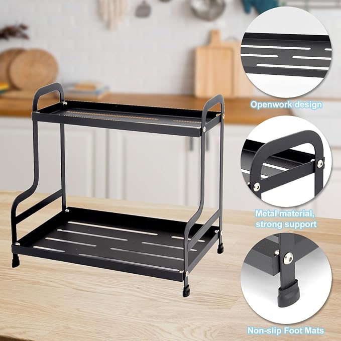 2-Tier Metal Organizer Shelf for Bathroom & Kitchen - Heavy Duty Countertop Storage, Under Sink Cosmetic & Spice Organizer with Non-Slip Base, Easy Assembly-NeatNest