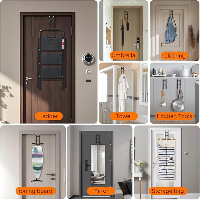 FYY Over The Door Hooks - 2 Pack Heavy Duty Dual-Hook Organizer Hanger with Non-Slip Rubber for Towels, Clothes, Hats & Bags Use in Bathroom, Bedroom, Kitchen - Fits Interior Doors Up to 1.6" Black-NeatNest