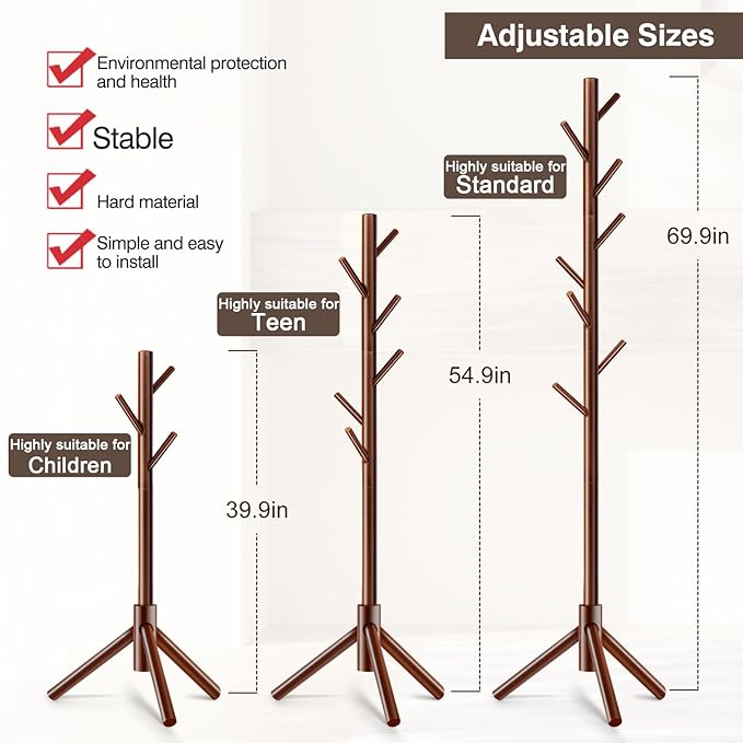 2 PCS Coat Rack, Freestanding Coat Rack with 8 Hooks and 3 Adjustable Size Tree Coat Racks for Bedroom, Hallway, Entrance, Office, for Hats, Coats, Scarves, Handbags-NeatNest