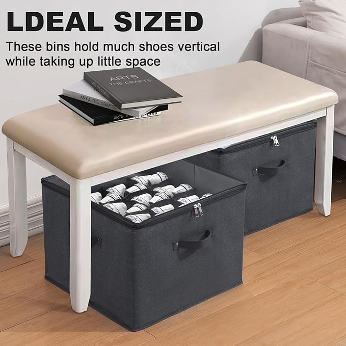 2 Pack Closet Shoe Organizer Box Fits 32 Pairs, Fabric Shoe Storage Box Bins Cubes with Clear Cover, Space Saving Shoes Holder for Shoes, Sneakers, Sandal and High Heeled (Grey)-NeatNest