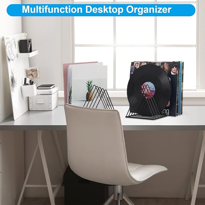 EASEPRES Vinyl Record Holder Storage, 9 Slot Metal Magazine Book Album Display Rack, Stylish Triangle Desktop File Sorter Organizer for Home Office, Black