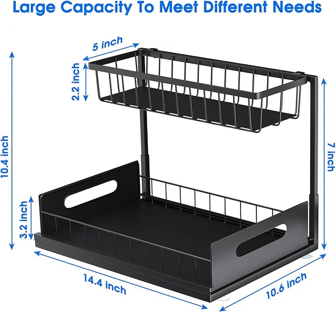 2 Pack Under Sink Organizer, 2 Tier Under Sink Organizers and Storage Multi-Purpose Under Sink Storage for Bathroom Kitchen (Black)-NeatNest