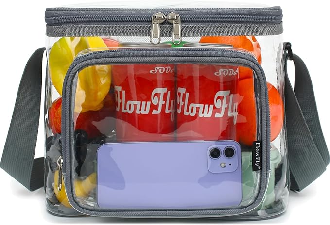 FlowFly Insulated Reusable Lunch Bag Adult Large Lunch Box for Women and Men with Adjustable Shoulder Strap,Front Zipper Pocket and Dual Large Mesh Side Pockets,Clear#Grey-NeatNest