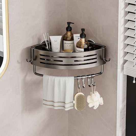 Shower Caddy Suction Cup, No Drilling Rustproof Bathroom Shower Shelf,Corner Shower Shelves with 6 Portable Hooks, Removable Bath Organizer with Towel Bar for Bathroom Hanging Storage(Gray)