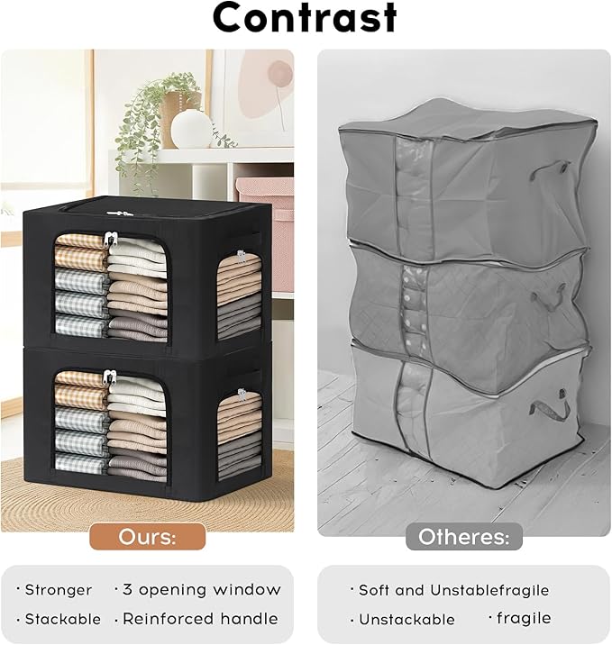 3-Pack Clothes Organizer Bins with Metal Frame, Foldable 40L Linen Storage Boxes with Lids, Clear Windows, Zippers & Durable Handles (Black)-NeatNest