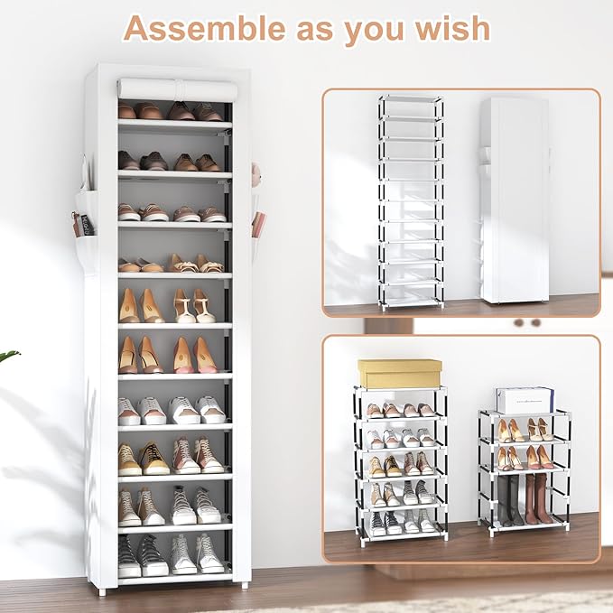 VTRIN Vertical Narrow Shoe Rack Organizer Tall Shoe Rack for Closet Entryway 10 Tier Non-Woven Cover Shoe Shelf Holds 20-22 Pairs Free Standing Shoe Storage Cabinet with Dustproof Cover, White-NeatNest