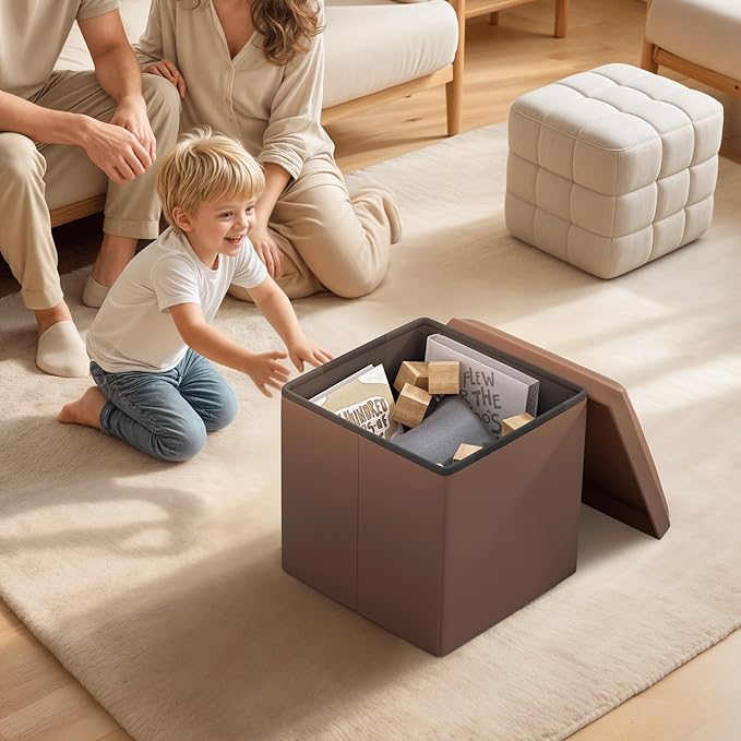 Ottoman Folding Storage Bench, 15x15x15 Inch, Foot Rest Stool for Living Room, Bedroom, Entryway, End of Bed - Multi-Functional Ottoman with Storage Brown