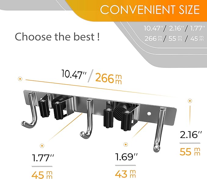 Heavy Duty Broom and Mop Holder Wall Mounted with 2 Rubber Grip Slots & 3 Utility Hooks – SUS304 Stainless Steel, Waterproof, Self Adhesive or Drill Mount, for Garage, Laundry, Kitchen Use, 2 Pcs-NeatNest