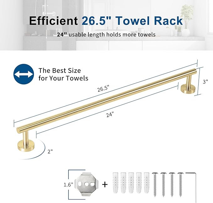 Brushed Gold Towel Bar, 24 Inch Towel Racks for Bathroom Wall Mounted, Thicken SUS304 Stainless Steel Heavy Duty Hand Towel Holder Organizer, Bathroom Accessories, Total Length 26.5 Inch-NeatNest