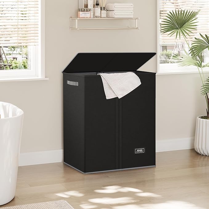SOLEDI Double Laundry Hamper with Lid and Removable Laundry Bags - Large Dirty Clothes Hamper 2 Section - Collapsible Laundry Baskets for Bedroom, Bathroom, Laundry room, Apartment, Black-NeatNest